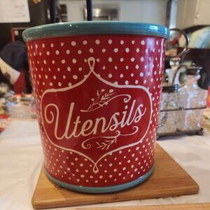 THE PIONEER WOMAN Polka Dot Utensils Crock Red/Teal Utensil Holder Stoneware